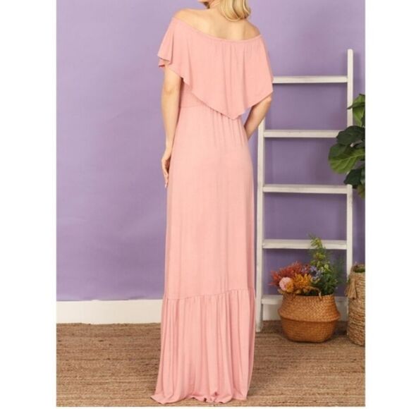 3/$16🎁Elegant Comfort Off Shoulder Maxi Dress sz Medium In Pink - Picture 13 of 13